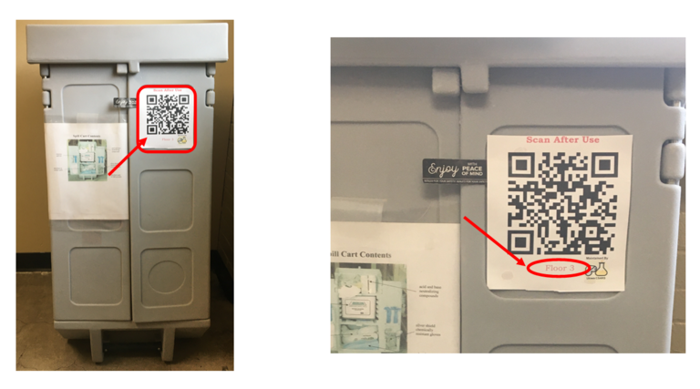 Front of spill cart with QR code and name marked