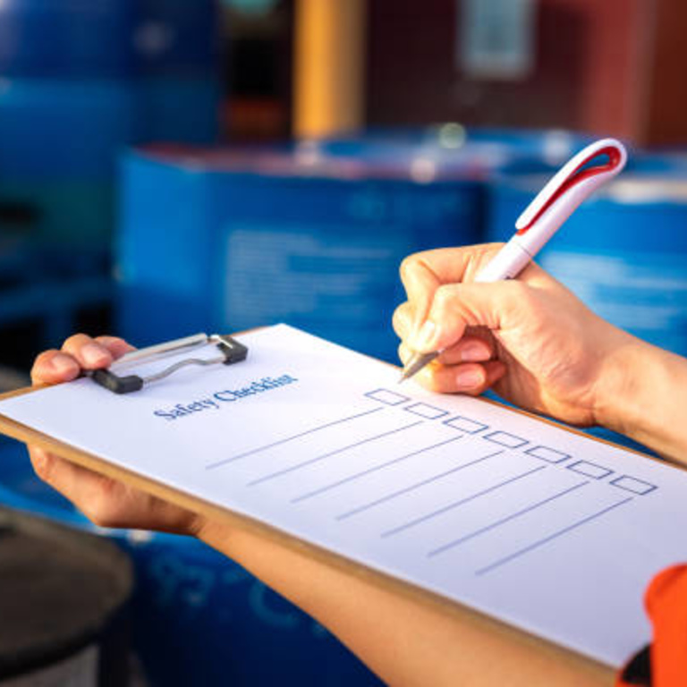 Woman's hands holding a clipboard with "safety checklist" on it
